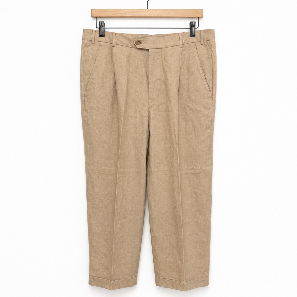 Ermenegildo Zegna Mens Tan 100% Linen Pleated Cuffed Dress Pants Italy Size 60